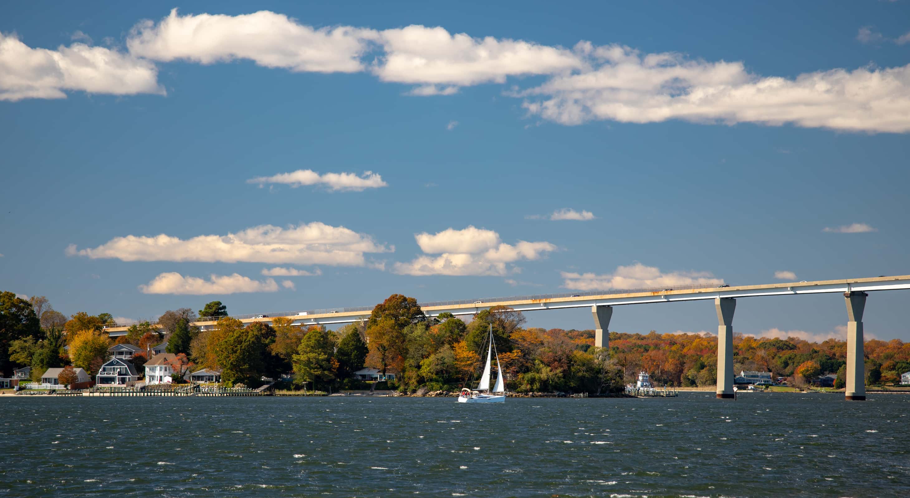 Scenic autumn view from Solomons Island where the Chesapeake Bay meets the Patuxent River in Southern Maryland USA