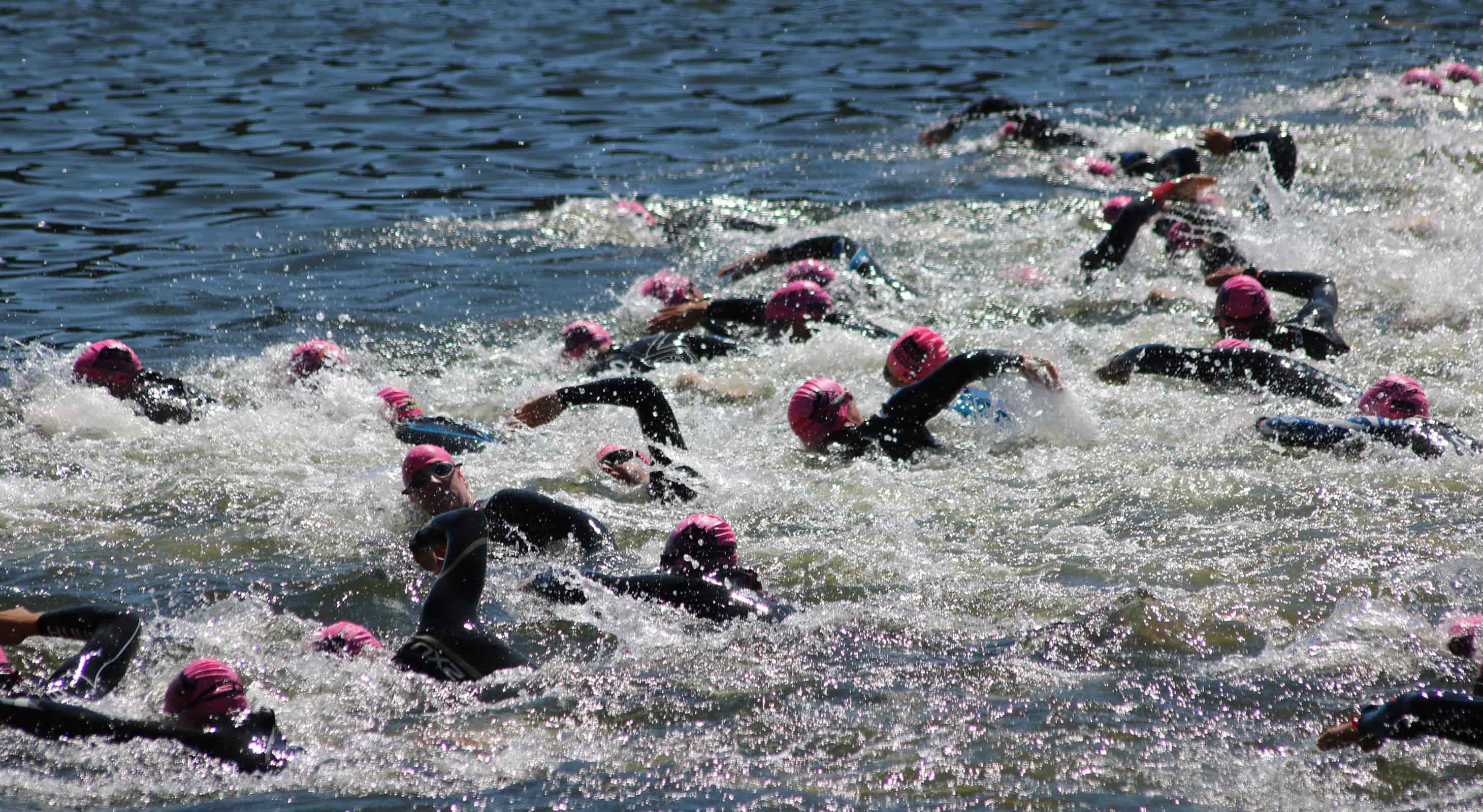 Group of swimmers in semi rough water