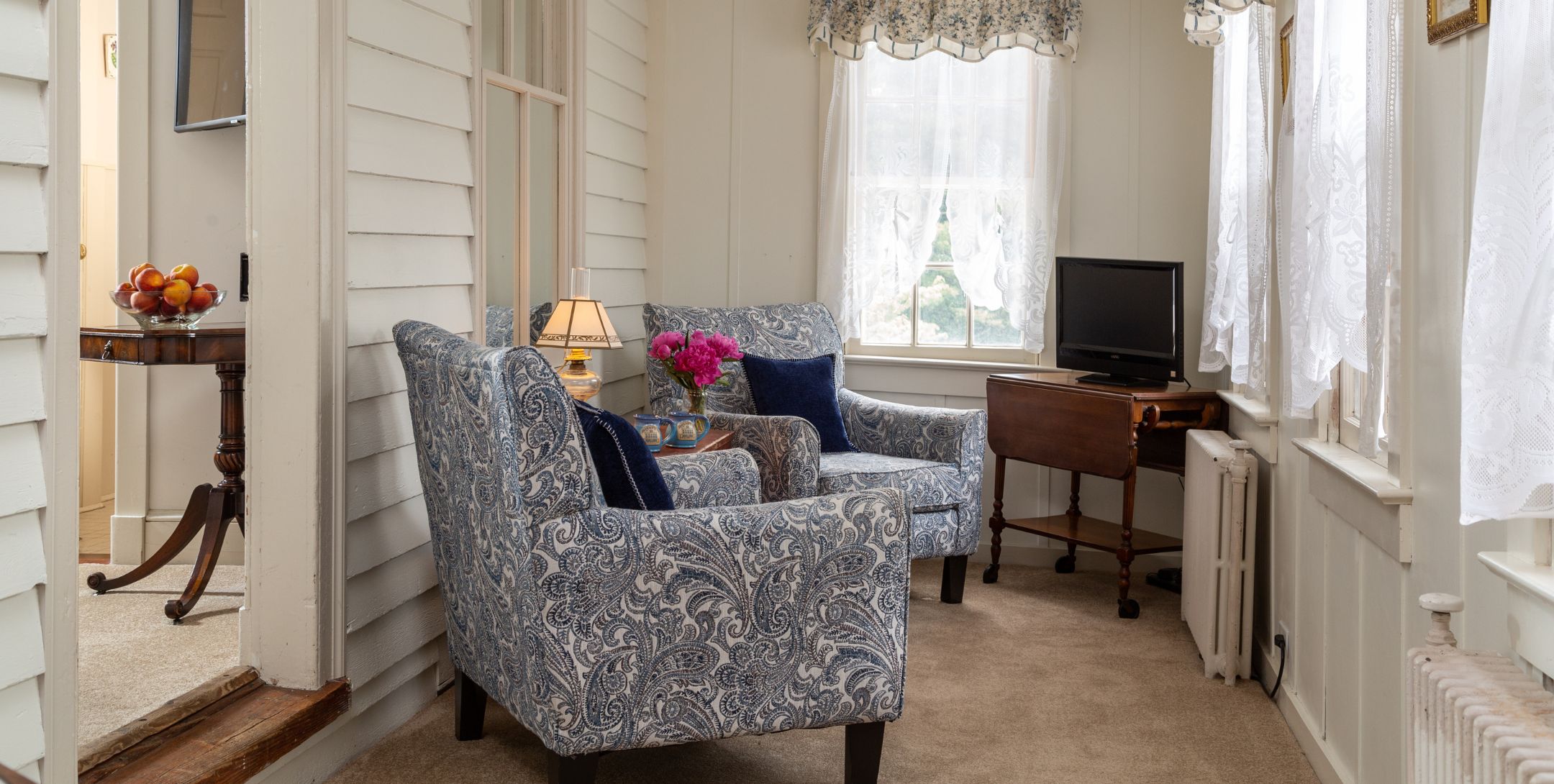 Two navy and white paisley chairs in a cozy carpeted room with window and TV