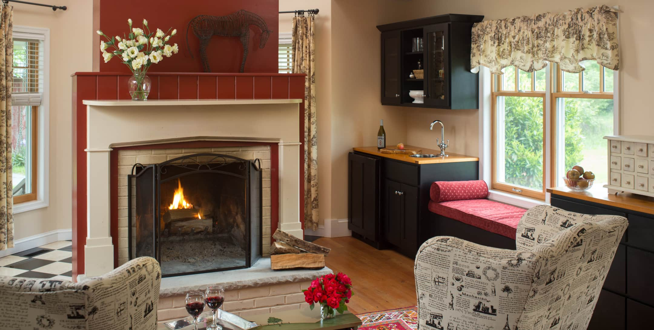 Marley’s Cottage fireplace and seating area