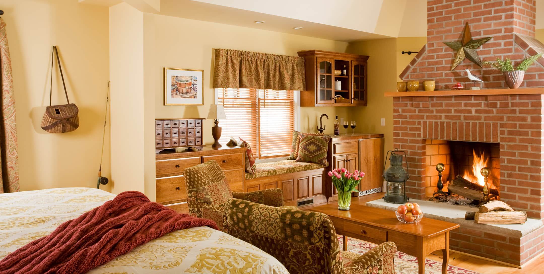 Fireplace and seating area at the Mulberry Cottage at Brampton Inn