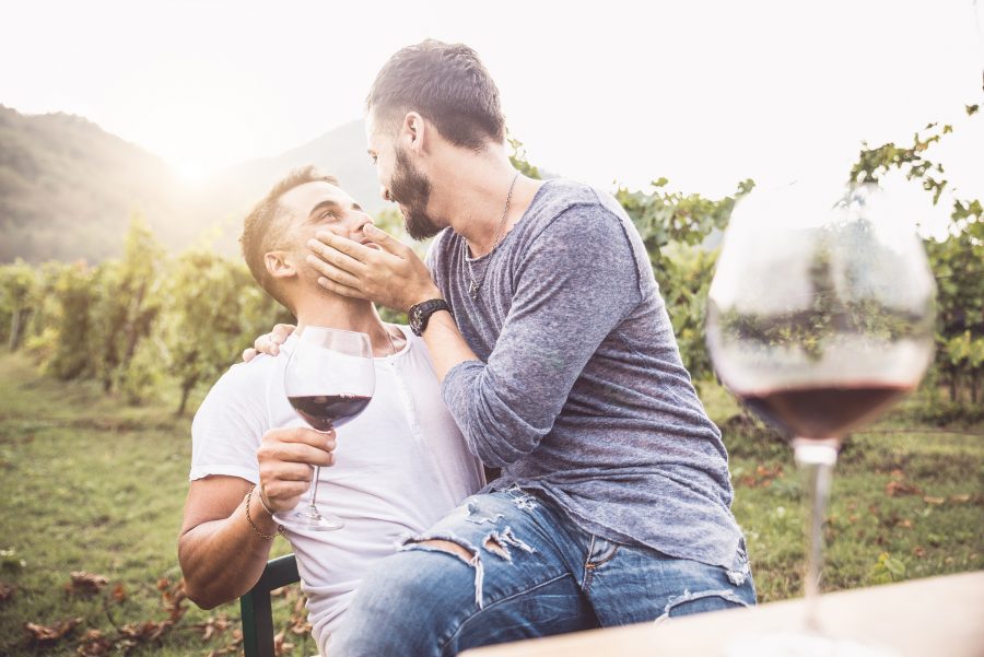 a gay couple at a vineyard