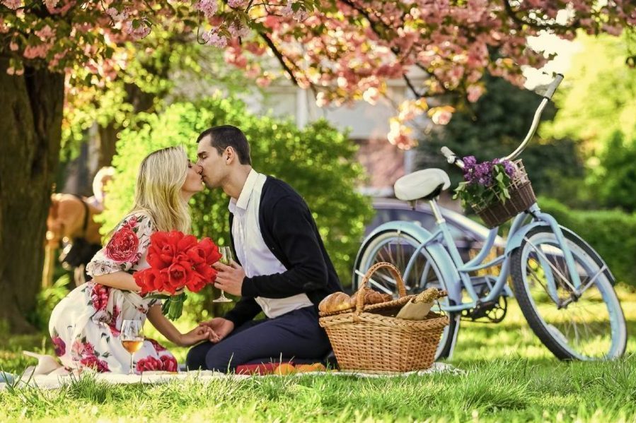 Couple Kissing During Romantic Picnic