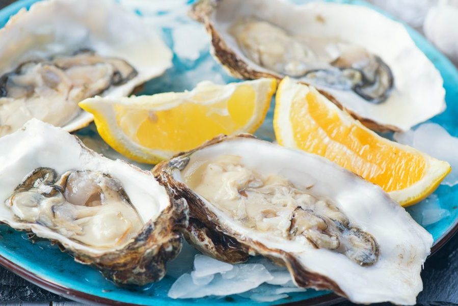 a close up of oysters with slices at a restaurant in Chestertown