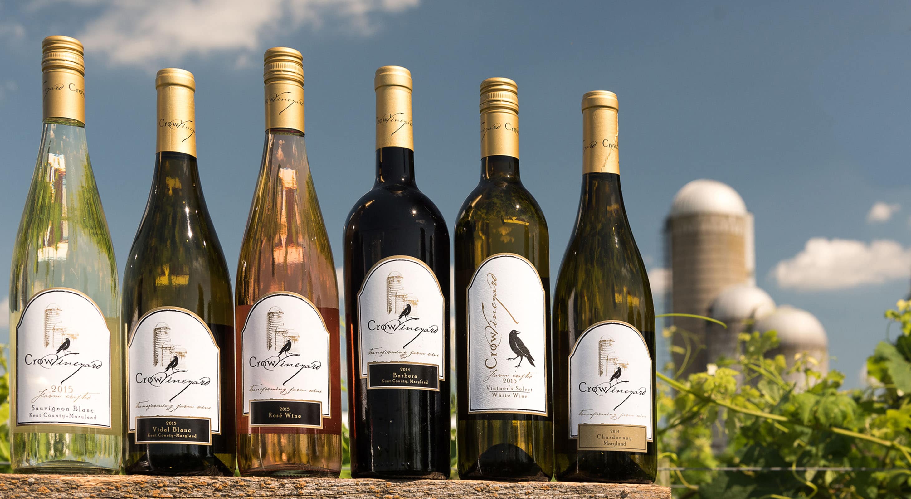 6 Bottles of Wine from Crow Vineyard in front of silo