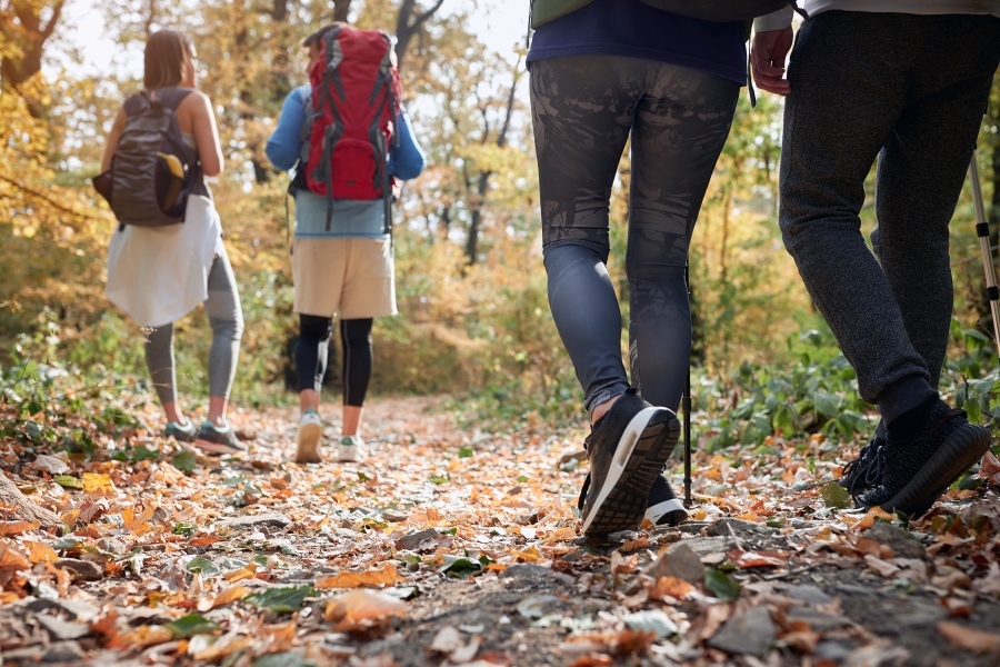 a group of people hiking during autumn on a fall foliage getaway in Maryland