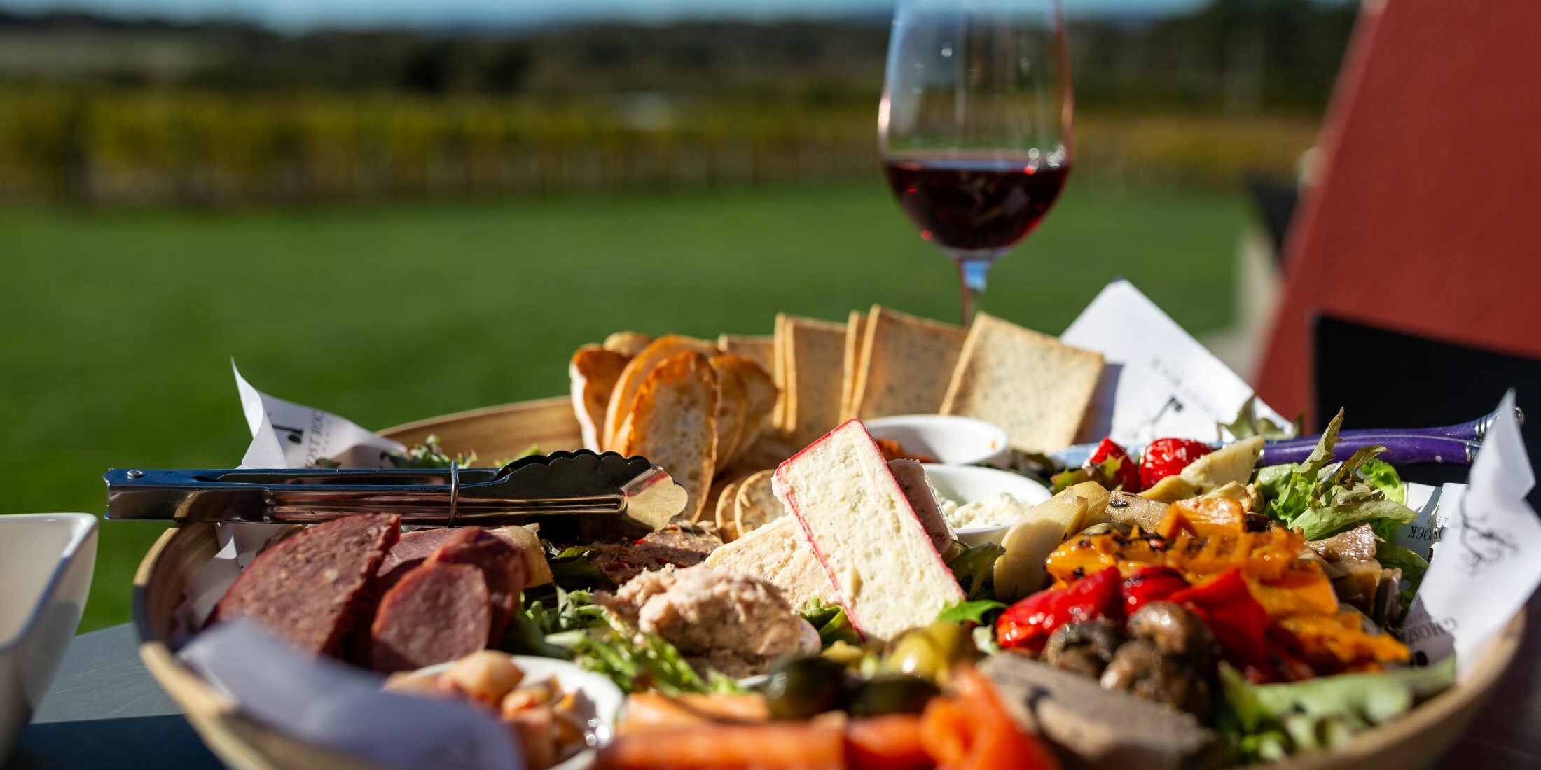 Cheese and charcuterie board and glass of wine overlooking a vineyard.
