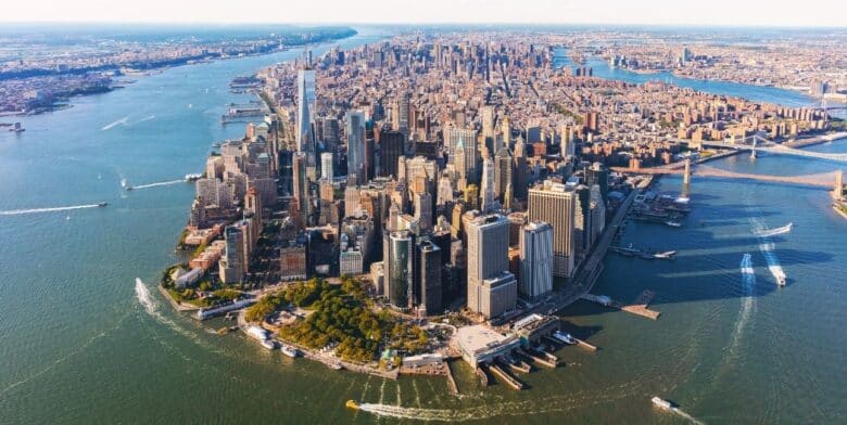 aerial view of nyc lower manhattan island