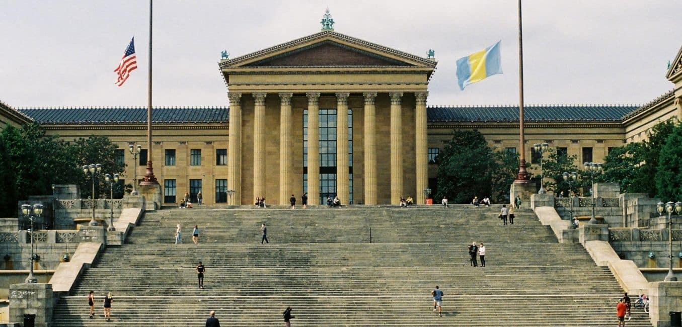 view of the front entrance and iconic steps of the philadelphia museum of art