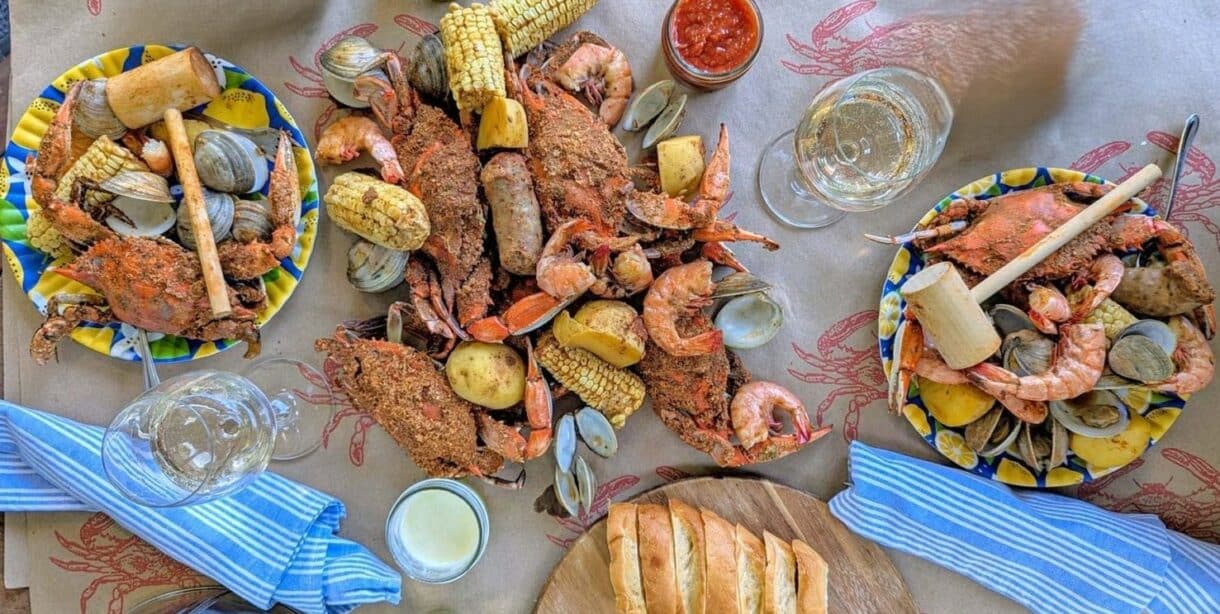 Seafood boil spread out on tablej